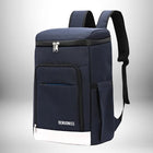 Un sac à dos isotherme bleu marine avec une bande blanche en bas et une tirette argentée sur le dessus. Il y a un logo "DENUONISS" sur le devant. — vue 2