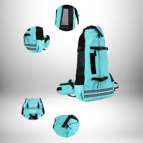 Image d'un sac à dos bleu clair pour le transport d'un chien, avec des détails comme des sangles, des poches et des éléments réfléchissants. Le sac à dos transport chien est entouré de petits aperçus montrant des caractéristiques supplémentaires.

