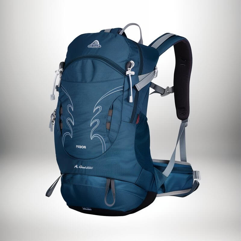 A blue hiking backpack with grey straps, branding, and decorative white outlines on the front. The backpack features numerous compartments, zippers, and adjustable straps, with a padded back and shoulder straps for comfort; ideal for outdoor adventures.