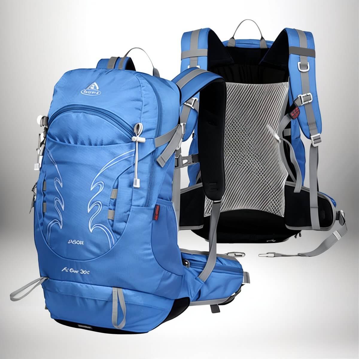Une image présente un sac à dos bleu pour la randonnée. Le sac à dos est présenté sous deux perspectives différentes. L'un affiche le devant du sac à dos, montrant les poches, l'attache, et la marque. L'autre révèle la structure dorsale, avec un rembourrage en filet et des sangles ajustables. Le sac décrit l'utilisation de matériaux légers, avec des sangles réfléchissantes ".