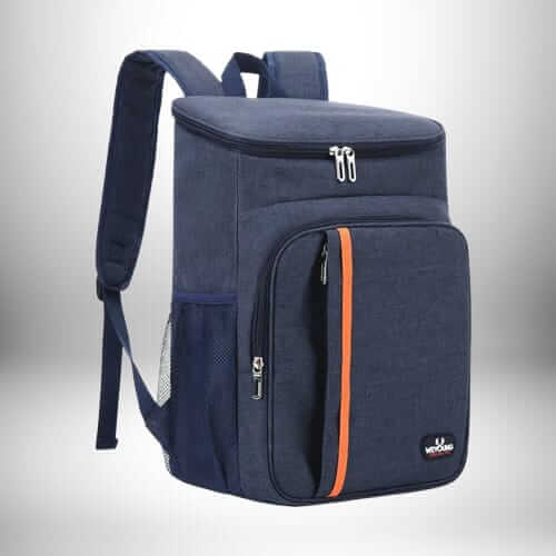 Un sac à dos isotherme de travail bleu marine avec une poche avant zippée, une bande orange verticale et des poches latérales en filet.
