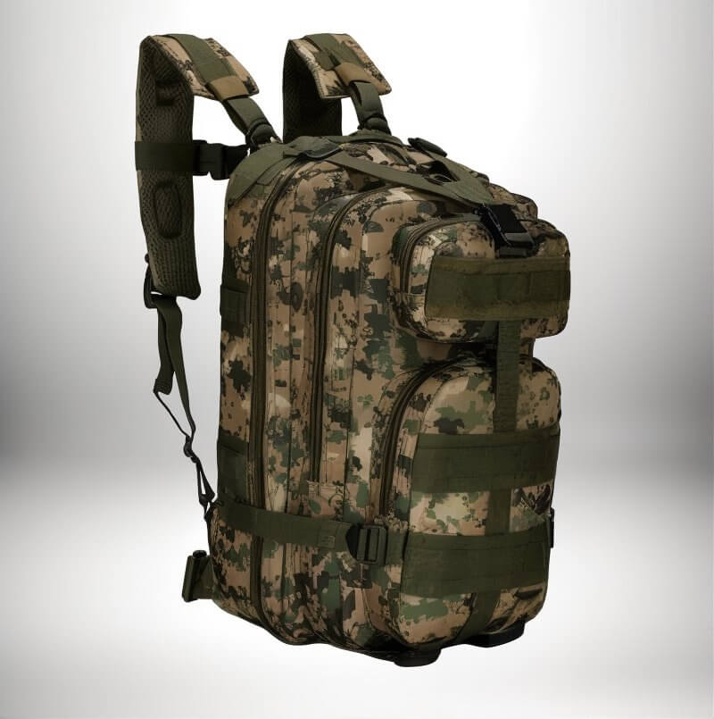 Un sac à dos militaire avec un motif de camouflage; bien qu'il ait un aspect tactique, il peut aussi être utilisé comme un sac infirmier.