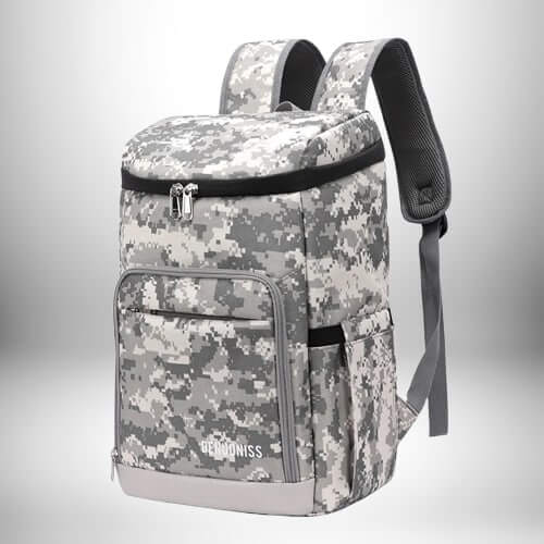 Un sac à dos glacière de style camouflage gris et blanc, avec une fermeture éclair noire sur le compartiment principal et une poche frontale avec le nom « GENIONISS » en bas.
