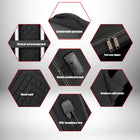 Image promotionnelle d'un sac à dos coque rigide​ noir. L'image présente divers détails, tels que des fermetures éclair à double sens, une serrure à combinaison numérique, une surface arrière amortissante, une prise USB/casque, une poignée confortable et une sangle pour fixer des tiges verticales. Diverses zones de renfort sont également montrées, avec des étiquettes pour aider les consommateurs à comprendre les caractéristiques du sac à dos. — vue 5