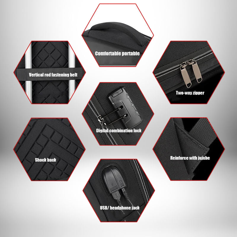 Image promotionnelle d'un sac à dos coque rigide​ noir. L'image présente divers détails, tels que des fermetures éclair à double sens, une serrure à combinaison numérique, une surface arrière amortissante, une prise USB/casque, une poignée confortable et une sangle pour fixer des tiges verticales. Diverses zones de renfort sont également montrées, avec des étiquettes pour aider les consommateurs à comprendre les caractéristiques du sac à dos.
