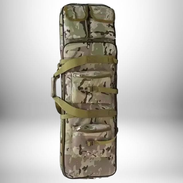 Un sac a dos chasse porte fusil de couleur camouflage, doté de plusieurs poches et sangles pour le transport.
