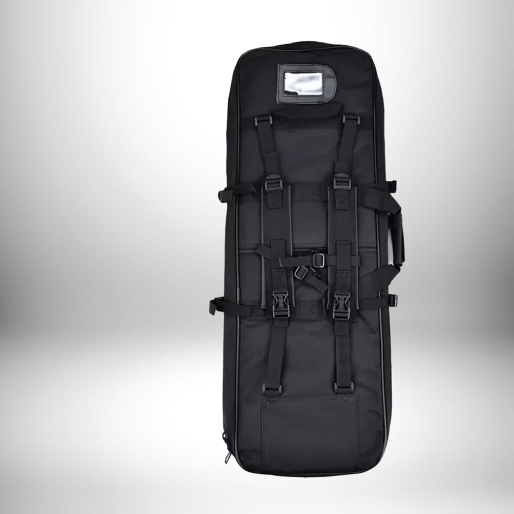 Un sac a dos chasse porte fusil noir, avec des sangles, une fenêtre pour insérer des informations et une poignée.