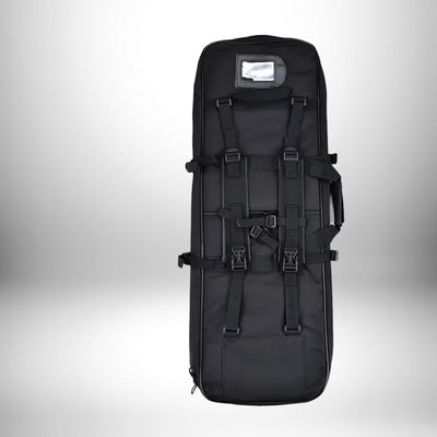 Un sac a dos chasse porte fusil noir, avec des sangles, une fenêtre pour insérer des informations et une poignée.