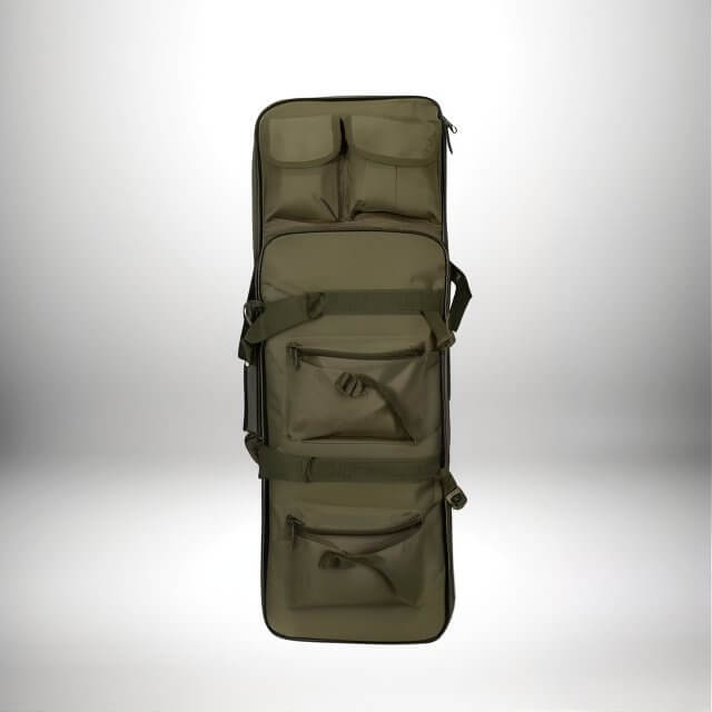 Image d'un sac a dos chasse porte fusil vert olive, avec plusieurs poches et sangles.