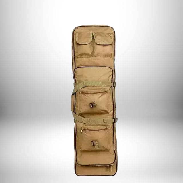 Un sac a dos chasse porte fusil de couleur beige, avec plusieurs poches et sangles de fixation.