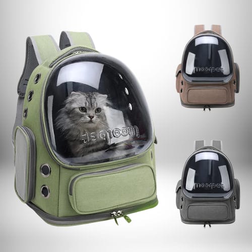 Un sac à dos voyage chat vert avec une fenêtre transparente, contenant un chat. Deux autres sacs à dos de couleurs différentes sont également présentés.