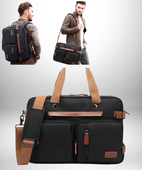 Un sac à dos convertible noir avec des accents marrons présenté de trois manières différentes : en tant que sac à dos transporté par une personne de dos, en tant que mallette portée à l'épaule par une personne avec les bras croisés, et enfin en tant que sac posé sur une surface.
