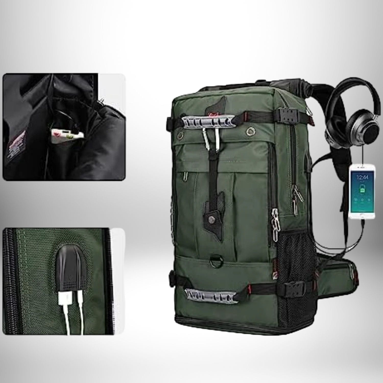 Image d'un sac a dos convertible,sac à dos convertible,sac convertible sac à dos,sac convertible de couleur verte avec des compartiments et des détails de conception. Une image encadrée plus petite montre l'intérieur du sac, révélant une poche avec un téléphone. Une autre image encadrée montre la section contenant un port USB interne pour la charge, et une connexion USB en cours est visible depuis la poche du sac. Un casque est également connecté à un téléphone portable qui est connecté. 