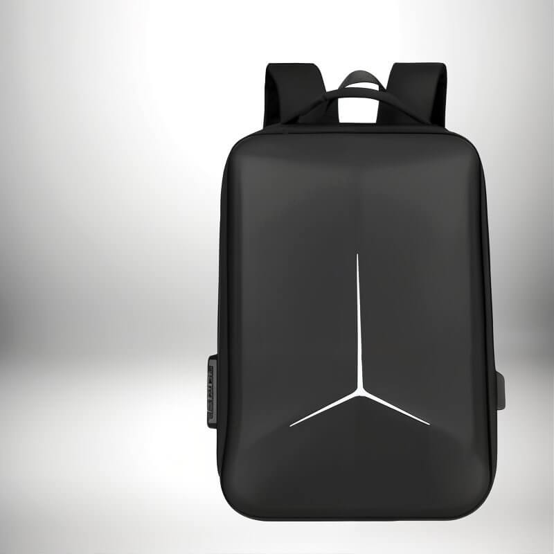 Un rendu 3D d'un sac à dos coque rigide​ noir avec un symbole blanc en forme de Y sur le devant.