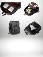 Plusieurs vues d'un sac dos cuir homme noir, montrant l'intérieur avec un ordinateur portable et des compartiments, ainsi que l'extérieur. — vue 6