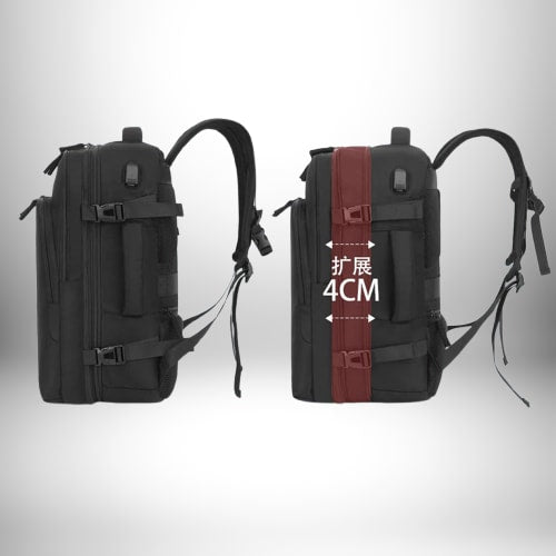 Image d'un sac à dos noir, avec un côté montrant une extension de 4 cm. Le sac semble être un sac a dos easyjet 45 36 20.