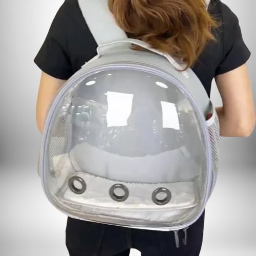 Une personne porte un sac à dos de transport pour lapin de couleur grise avec une fenêtre en dôme transparente.