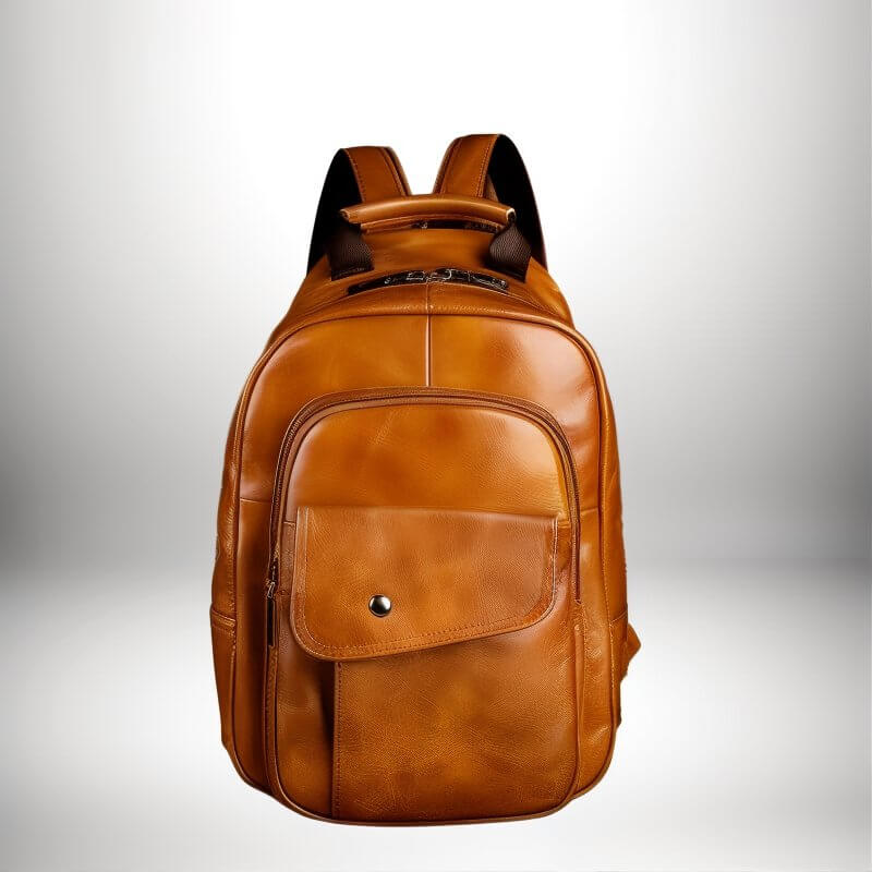 Image d'un mini sac à dos homme cuir de couleur marron disposant de plusieurs compartiments.