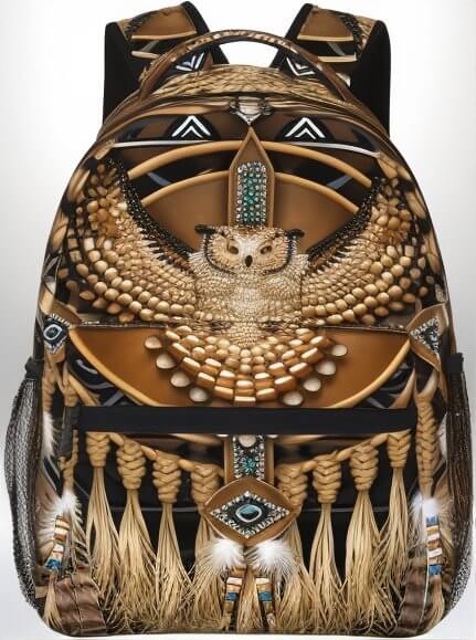Un sac a dos ethnique orné d'un hibou stylisé, de motifs géométriques et de franges.