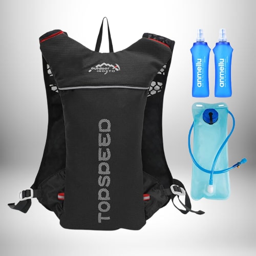 Image d'un sac à dos gourde noir avec plusieurs bouteilles d'eau et une poche d'hydratation.
