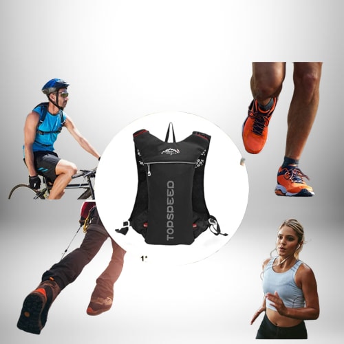 L'image présente un sac à dos gourde noir pour le sport, entouré de personnes pratiquant différentes activités sportives. Il y a une personne à vélo, une personne courant et une personne faisant du sport.