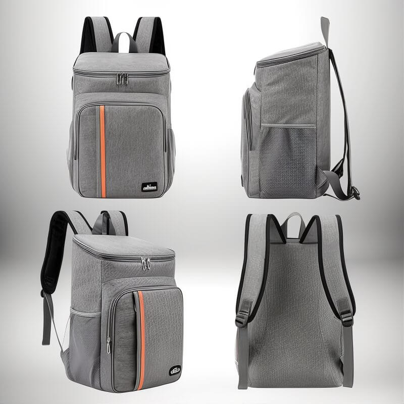 Quatre vues d'un sac a dos lunch gris. Le sac a dos a une poche principale zippée, une poche avant et des bretelles rembourrées. Il a une bordure orange sur la poche avant et des côtés en filet.