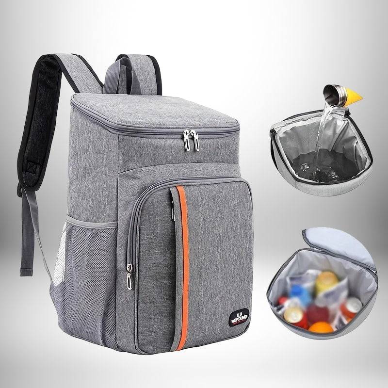 Image d'un sac à dos lunch isotherme gris, avec une poche latérale en filet et une poche frontale avec une bande orange. Deux illustrations séparées montrent l'intérieur du sac : une rempli d'eau, l'autre contenant des aliments et des boissons.