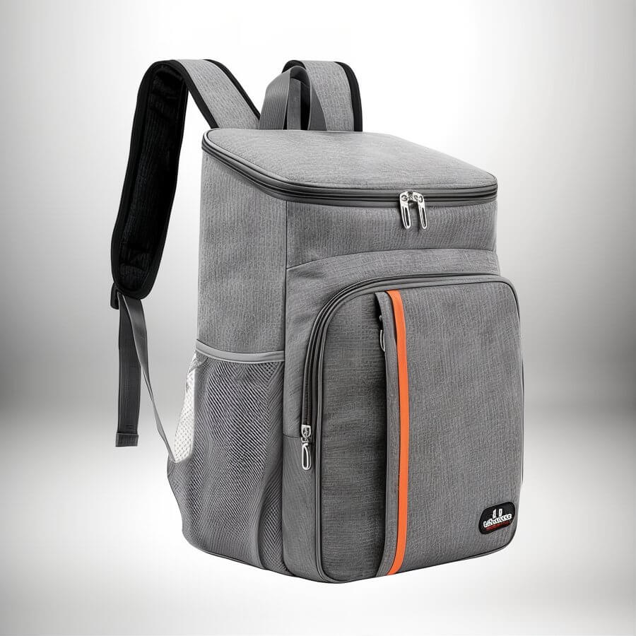 Un sac à dos lunch gris isolé sur un fond blanc.
