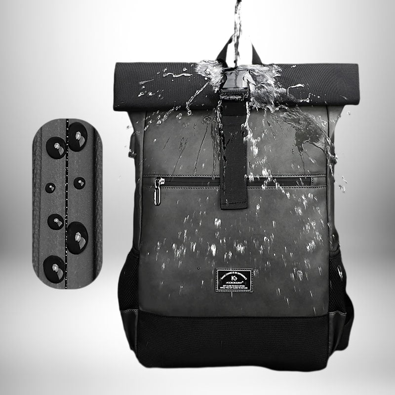 A black backpack showing water resistance. Water is being poured onto the backpack, and the droplets are visible on the surface. A cutout on the left illustrates the water resistance of the material.