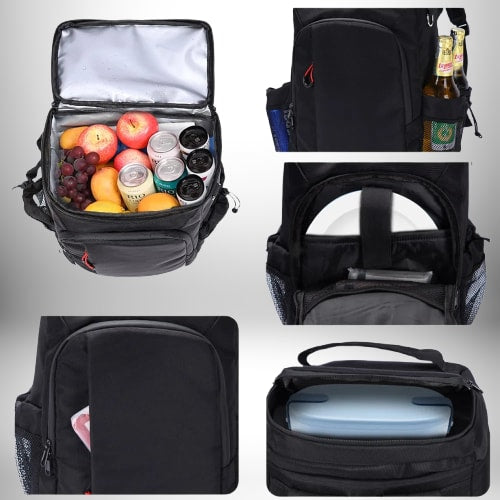 Un sac à dos isotherme noir avec des multiples compartiments. Le compartiment principal est rempli de fruits et de canettes, tandis que d'autres compartiments montrent des bouteilles de bière, une assiette, une boîte à lunch et des objets personnels.
