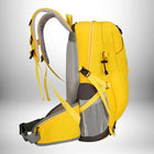 A side view of a bright yellow backpack, featuring multiple straps, compartments, and a mesh back panel. — vue 2