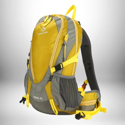 Sac à dos jaune et gris de randonnée avec le mot-clé "JUNGLE KING"
