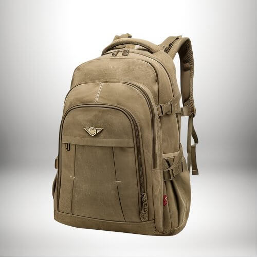 Un sac a dos zip, de couleur beige, avec des détails et des sangles.