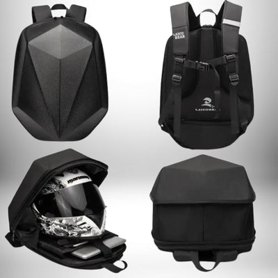 Plusieurs vues d'un sac à dos coque rigide moto noir, comprenant une vue en face, une vue arrière avec une sangle de poitrine et des bretelles, une vue montrant le sac ouvert avec un casque de moto et une vue du bas.