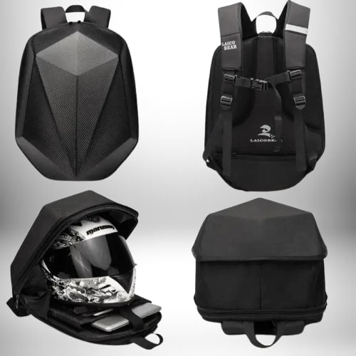 Plusieurs vues d'un sac à dos coque rigide moto noir, comprenant une vue en face, une vue arrière avec une sangle de poitrine et des bretelles, une vue montrant le sac ouvert avec un casque de moto et une vue du bas.