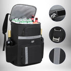 Ce sac à dos pique-nique noir a un compartiment principal isolé supérieur avec de la place pour plusieurs canettes ou bouteilles. Il y a des poches latérales pour les bouteilles de vin et une poche frontale avec une bande réfléchissante, ainsi que des détails réfléchissants supplémentaires sur le sac.
 — vue 3