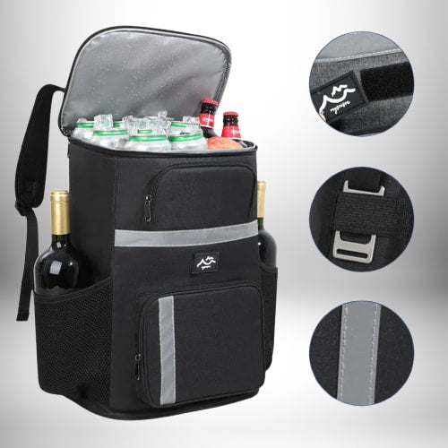 Ce sac à dos pique-nique noir a un compartiment principal isolé supérieur avec de la place pour plusieurs canettes ou bouteilles. Il y a des poches latérales pour les bouteilles de vin et une poche frontale avec une bande réfléchissante, ainsi que des détails réfléchissants supplémentaires sur le sac.
