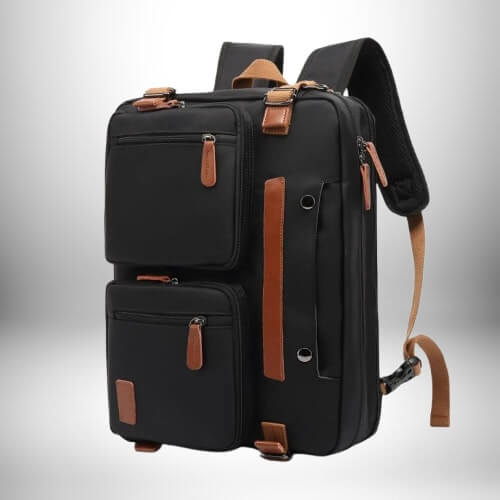 Un sac à dos convertible noir avec des accents marron, conçu avec plusieurs poches et une poignée latérale.
