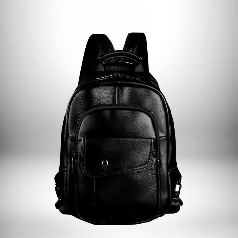 Un mini sac à dos homme cuir noir, de forme arrondie, avec des poches et des bretelles rembourrées.