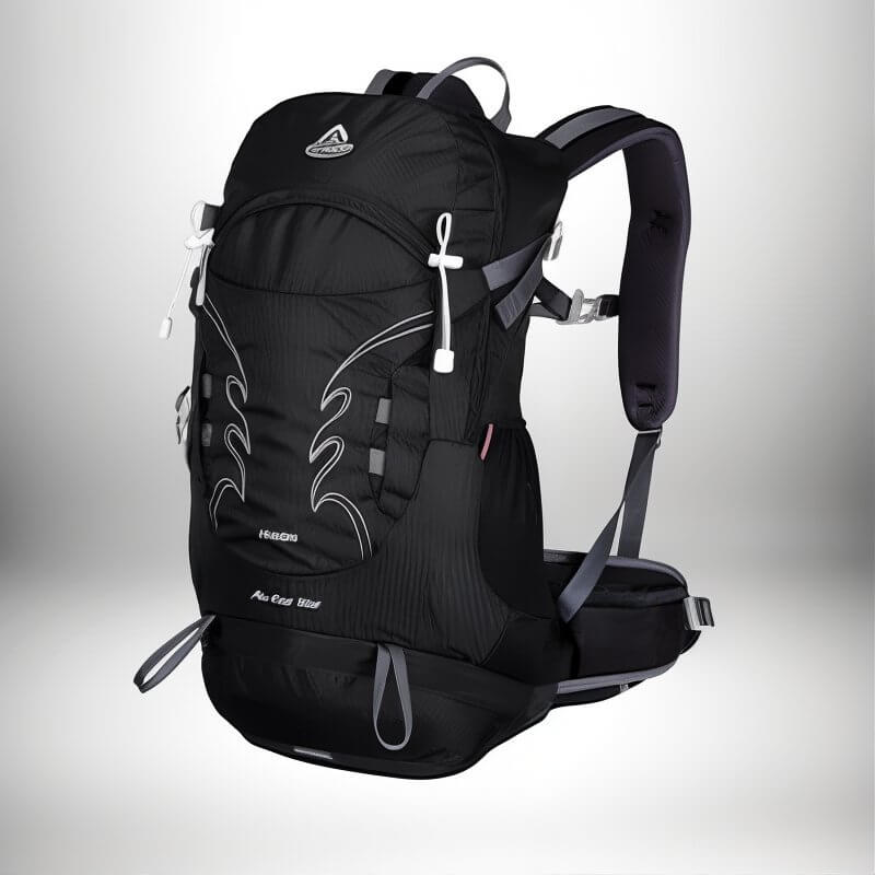 A black backpack featuring a curved design with white accents throughout. The backpack has shoulder straps, a waist belt, and multiple compartments. The brand name and model number are visible on the front. The backpack is designed for hiking and outdoor adventures.