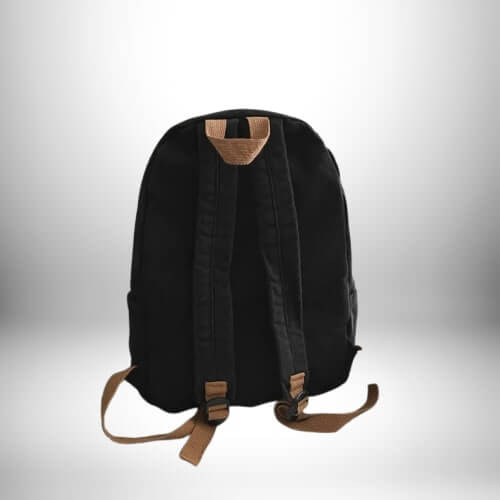 Retour d'un sac a dos coton noir avec des bretelles marrons.
