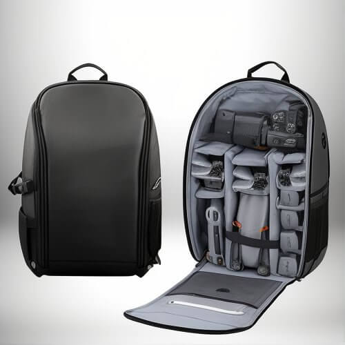 Un sac à dos drone noir ouvert, révélant un compartiment rembourré conçu pour le drone et ses accessoires, tels que des batteries et une télécommande.