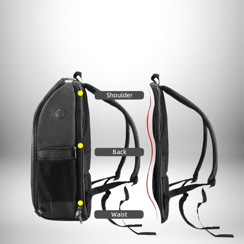 Image depicts a black sac à dos drone with labels indicating key areas such as shoulder, back, and waist.