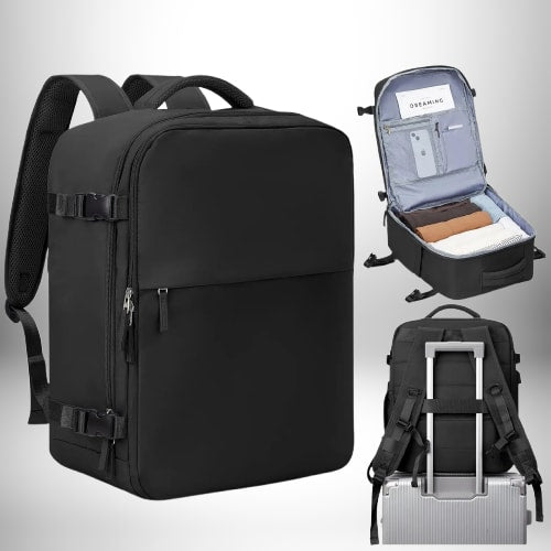 Sac à dos noir, idéal pour un petit bagage easyjet, avec de nombreuses poches et sangles. On peut voir des images du sac ouvert, avec des vêtements à l'intérieur, et attaché à une valise.
