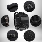 An image showcasing a black backpack with multiple circular insets highlighting various features. These insets include close-ups of the handle, zipper, strap buckles, water-repellent material, and sunglasses attached to a strap. The main image of the backpack has a water splash graphic overlayed in the center. — vue 4