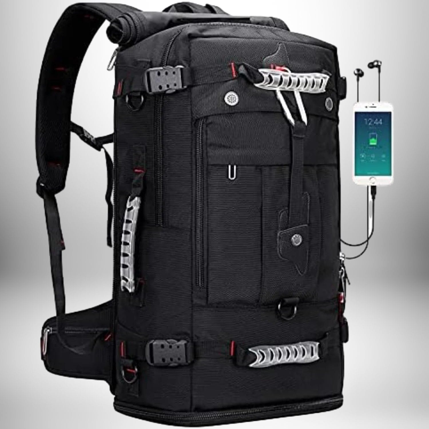 Image d'un sac a dos convertible,sac à dos convertible,sac convertible sac à dos,sac convertible noir avec beaucoup d'accessoires tels que des poignées, des fermetures éclair, une poche frontale et un endroit pour un téléphone.