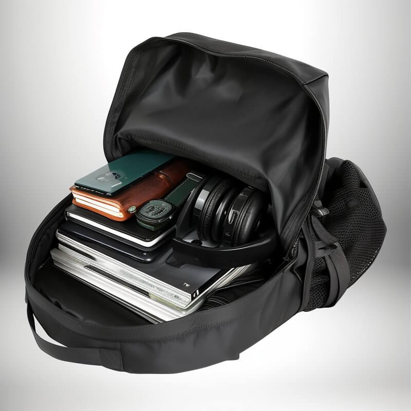 L'intérieur d'un sac à dos ergonomique zippé ouvert rempli d'appareils électroniques comme un smartphone, des carnets, un portefeuille, une montre, des écouteurs.