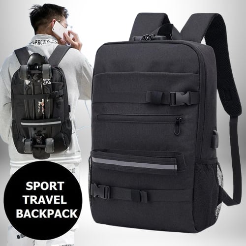 Image d'un homme portant un sac à dos skate noir.
