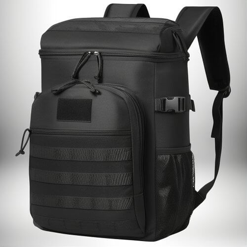 Image d'un sac a dos isotherme repas noir, avec plusieurs poches et sangles, idéal pour les repas ou les pique-niques.