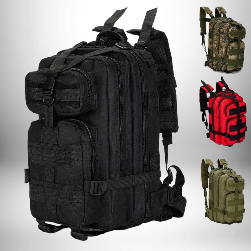 Image d'un sac à dos tactique noir avec des poches modulables, ressemblant à un sac infirmier, avec des options de couleurs camouflage, rouge et vert olive présentées en arrière-plan.